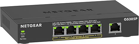 Netgear GS305P 5 - Port Gigabit PoE+ Unmanaged Switch – Compact, Energy - Efficient, Plug - and - Play Ethernet Solution - The HDDs